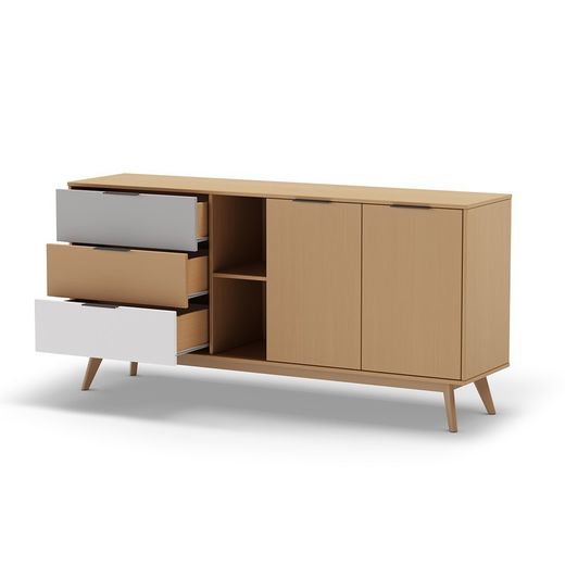 Comò, 165 x 40 x 81 cm, in legno naturale, bianco e grigio | Collezione Elfa