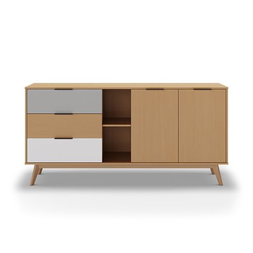 Comò, 165 x 40 x 81 cm, in legno naturale, bianco e grigio | Collezione Elfa