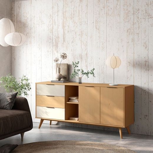 Comò, 165 x 40 x 81 cm, in legno naturale, bianco e grigio | Collezione Elfa