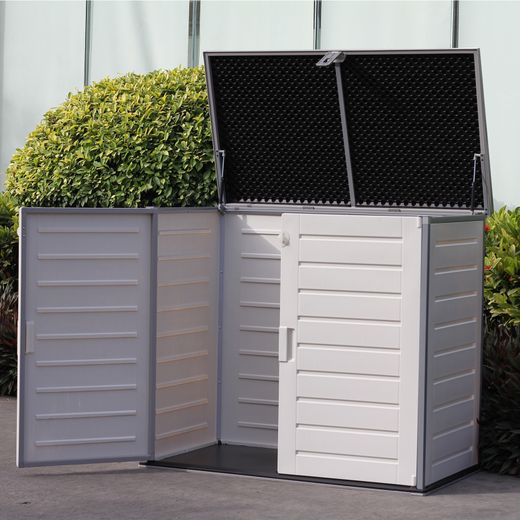 Gartenschrank aus Resin 1.170 L mit Dämpfern, grau und cremeweiß, 140x82x123 cm