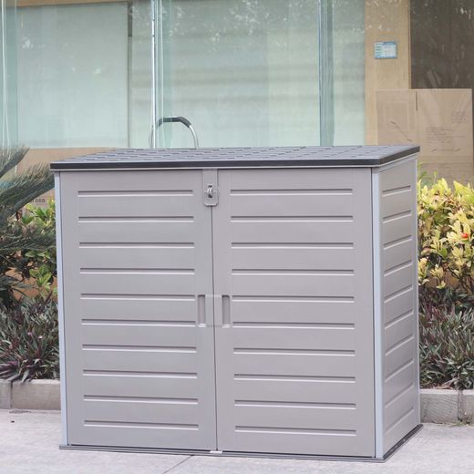 Gartenschrank aus Resin 1.170 L mit Dämpfern, grau und cremeweiß, 140x82x123 cm