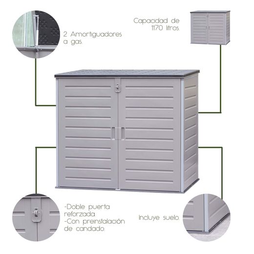Gartenschrank aus Resin 1.170 L mit Dämpfern, grau und cremeweiß, 140x82x123 cm