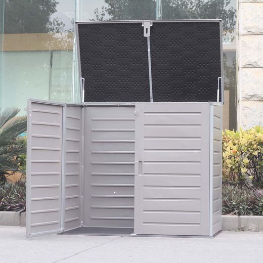 Gartenschrank aus Resin 1.170 L mit Dämpfern, grau und cremeweiß, 140x82x123 cm