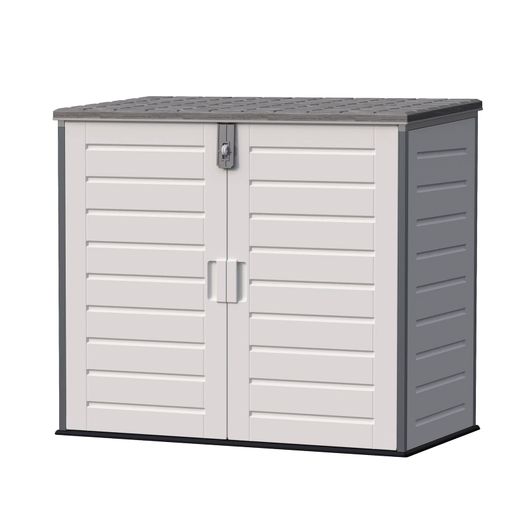 Gartenschrank aus Resin 1.170 L mit Dämpfern, grau und cremeweiß, 140x82x123 cm