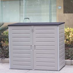 Gartenschrank aus Resin 1.170 L mit Dämpfern, grau und cremeweiß, 140x82x123 cm