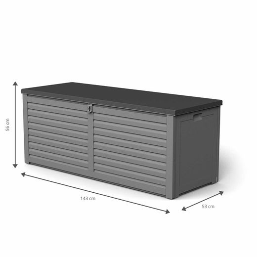 Arcón Exterior para Jardín 390L Gardiun Lift 143x53x56 cm – Baúl de Resina con Amortiguador, Almacenamiento Resistente y Estilo Moderno