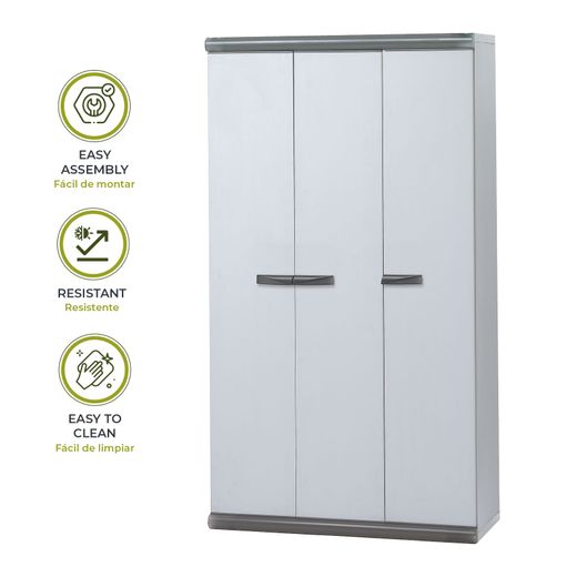 Armario de Jardín Gardiun Tavira 94x39x167 cm en PVC - 3 Puertas, 3 Baldas Regulables, Escobero, Ideal para Interior y Exterior
