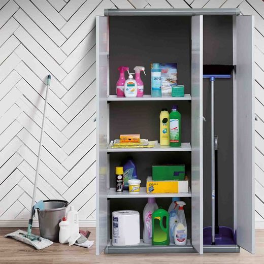 Armario de Jardín Gardiun Tavira 94x39x167 cm en PVC - 3 Puertas, 3 Baldas Regulables, Escobero, Ideal para Interior y Exterior