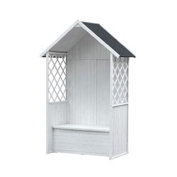 Banco Arcón Exterior Gardiun Chloe Blanco 147x76x225 cm con Marquesina y Tejado de Tela Asfáltica | Protección UV | Certificado FSC-REACH | Almacenamiento al Aire Libre Resistente