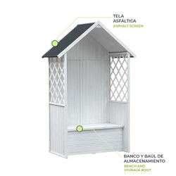 Banco Arcón Exterior Gardiun Chloe Blanco 147x76x225 cm con Marquesina y Tejado de Tela Asfáltica | Protección UV | Certificado FSC-REACH | Almacenamiento al Aire Libre Resistente