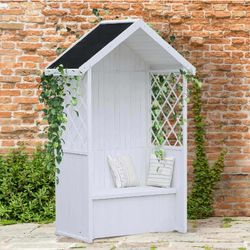 Banco Arcón Exterior Gardiun Chloe Blanco 147x76x225 cm con Marquesina y Tejado de Tela Asfáltica | Protección UV | Certificado FSC-REACH | Almacenamiento al Aire Libre Resistente