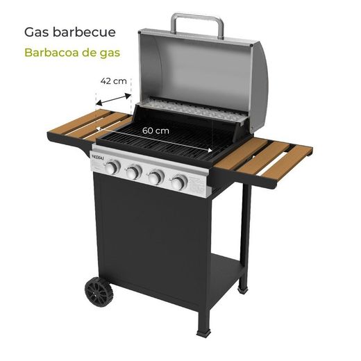 Barbacoa de gas con ruedas, 118,5 x 57,5 x 104,5 cm, de acero emaltado, acero inoxidable y plástico en negro y plata | Colección Fort Peck