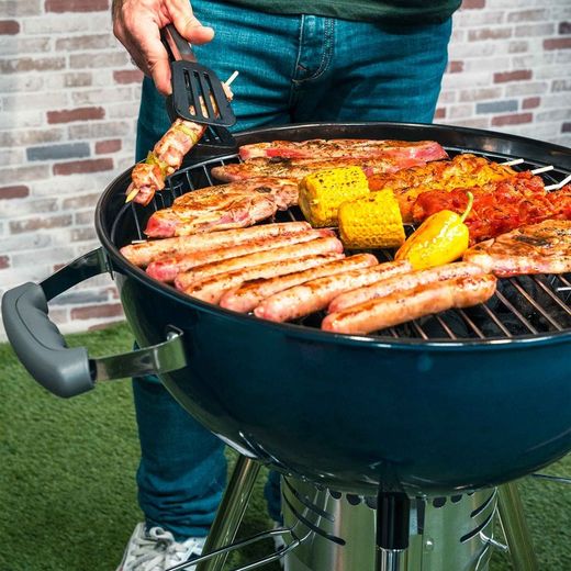 Griglia barbecue rotonda con coperchio e ruote, 58 x 47 x 100 cm, in acciaio blu | Collezione Yellowstone