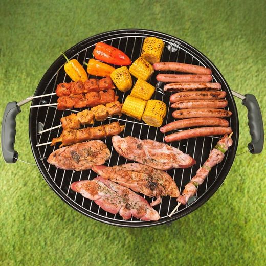 Griglia barbecue rotonda con coperchio e ruote, 58 x 47 x 100 cm, in acciaio blu | Collezione Yellowstone