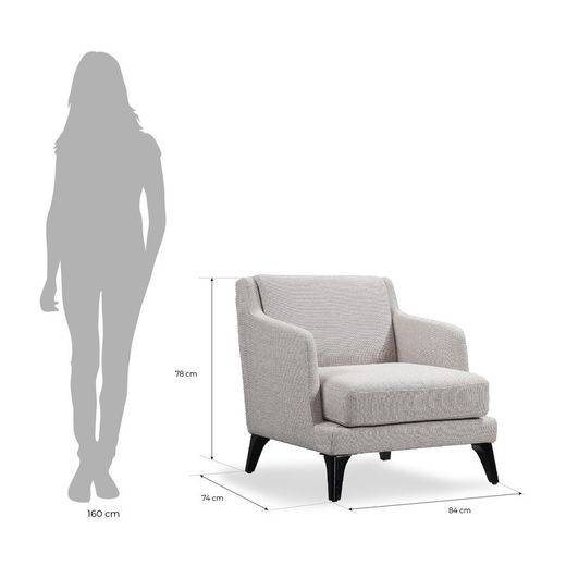 Butaca,  74  x  84  x  78 cm,  con reposa brazos y cojínes tapizados en beige |  Colección Delft