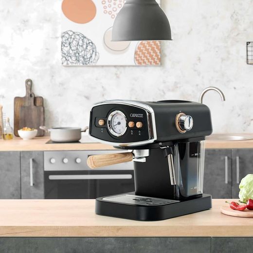 Espresso-Maschine mit Milchaufschäumer, 26,9 x 22,6 x 28,6 cm, aus Metall, PP und Edelstahl in Schwarz | Kollektion Kai