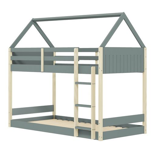 Cama cabaña, 197,4 x 103,2 x 174,9 cm, de madera en verde y natural | Colección Sila