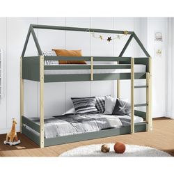 Cama cabaña, 197,4 x 103,2 x 174,9 cm, de madera en verde y natural | Colección Sila