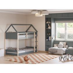 Cama cabaña, 197,4 x 103,2 x 174,9 cm, de madera en verde y natural | Colección Sila