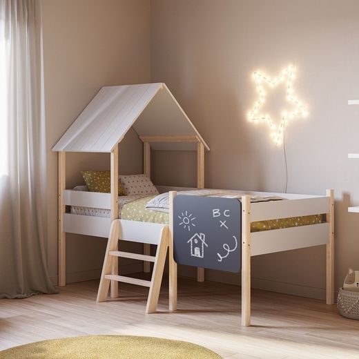 Cama cabaña, 202 x 110 x 150 cm, de madera en blanco | Colección Mint