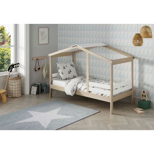 Cama cabaña, 204,9 x 105 x 147 cm, de madera de pino en natural y blanco  | Colección Angel