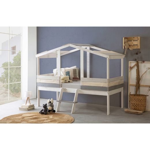 Letto cabina, 206 x 131 x 165 cm, in legno bianco e grigio | Collezione Ulises