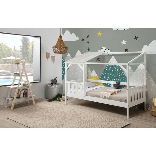 Cama cabaña, 210 x 99,1 x 161,9 cm, de madera de pino en blanco  | Colección Amon