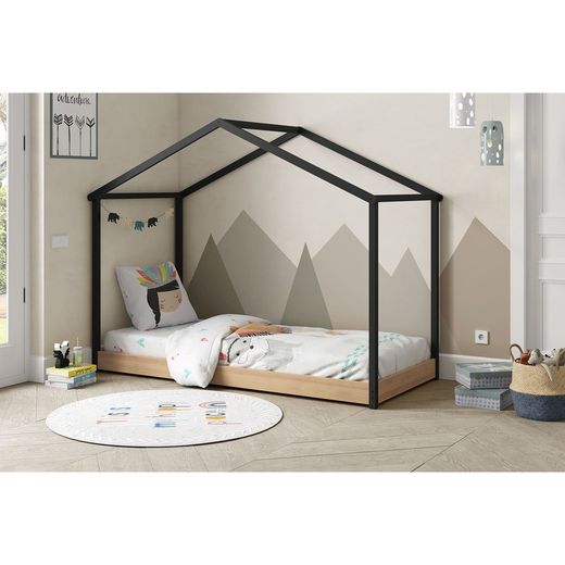 Letto a capanna, 216,2 x 102 x 163,7 cm, in legno antracite e rovere naturale | Collezione Montessori Arthur
