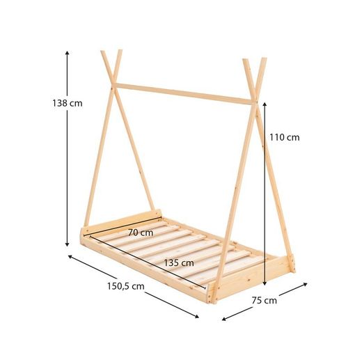 Letto a capanna, 75 x 150,5 x 138 cm, in legno di pino naturale | Collezione Tipi Dreams