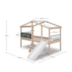 Cama cabaña con tobogán, 204,9 x 97,1-187,3 x 147 cm, de madera de pino en natural y blanco | Colección Cera