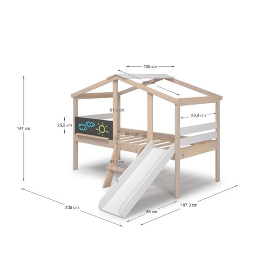 Cama cabaña con tobogán, 204,9 x 97,1-187,3 x 147 cm, de madera de pino en natural y blanco | Colección Cera