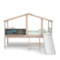 Cama cabaña con tobogán, 204,9 x 97,1-187,3 x 147 cm, de madera de pino en natural y blanco | Colección Cera