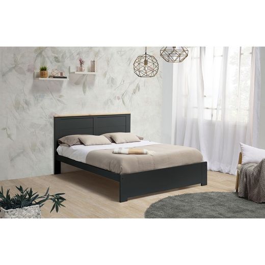 Cama con somier de 140 cm, 197,7 x 152,2 x 100 cm, de madera en antracita  | Colección Akira