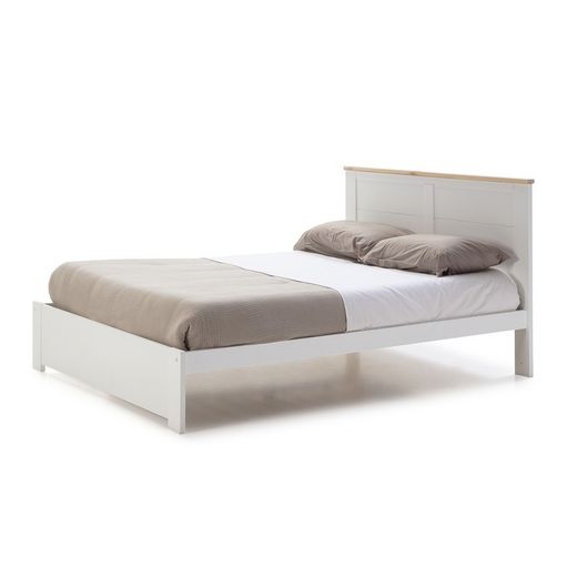 Cama con somier de 140 cm, 197,7 x 152,2 x 100 cm, de madera en blanco y natural  | Colección Akira