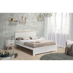 Cama con somier de 140 cm, 197,7 x 152,2 x 100 cm, de madera en blanco y natural  | Colección Akira