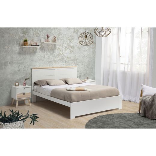 Cama con somier de 140 cm, 197,7 x 152,2 x 100 cm, de madera en blanco y natural  | Colección Akira