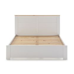 Cama con somier de 140 cm, 197,7 x 152,2 x 100 cm, de madera en blanco y natural  | Colección Akira