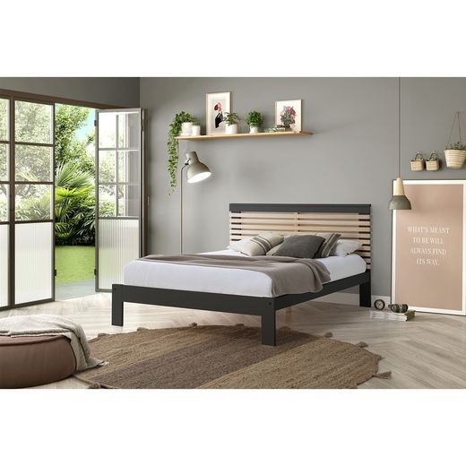 Cama con somier de 140 cm, 197,7 x 153,2 x 100 cm, de madera en antracita y natural  | Colección Vectra