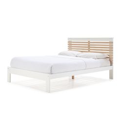 Cama con somier de 140 cm, 197,7 x 153,2 x 100 cm, de madera en blanco y natural  | Colección Vectra