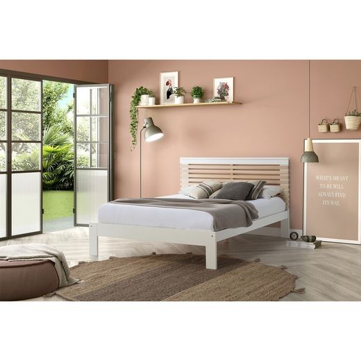 Cama con somier de 140 cm, 197,7 x 153,2 x 100 cm, de madera en blanco y natural  | Colección Vectra