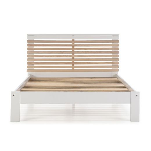 Cama con somier de 140 cm, 197,7 x 153,2 x 100 cm, de madera en blanco y natural  | Colección Vectra