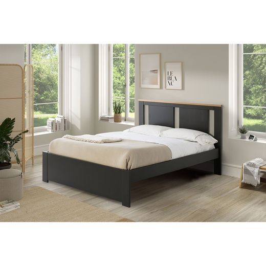 Cama con somier de 140 cm, 198 x 152,3 x 100 cm, de madera en antracita y natural  | Colección Enara
