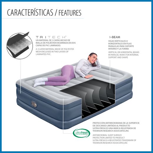 Lit Gonflable Bestway Tritech Double 203x152x51 cm avec Renfort Périmétral