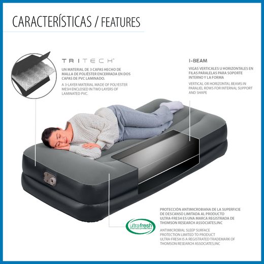 Cama Inflável Bestway Tritech Individual 191x97x46 cm Cinza