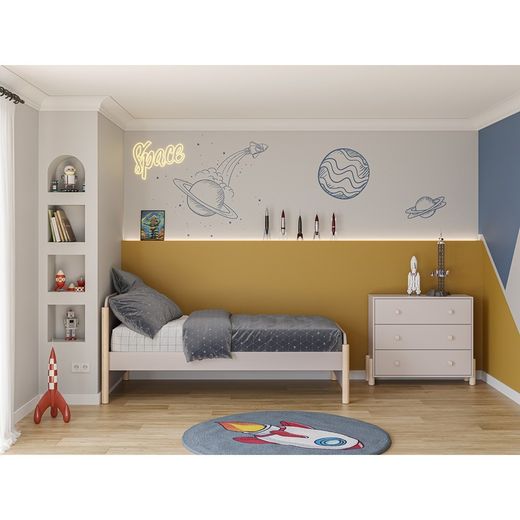 Cama individual, 199 x 107,2 x 70 cm, de madera en color crema | Colección Enola