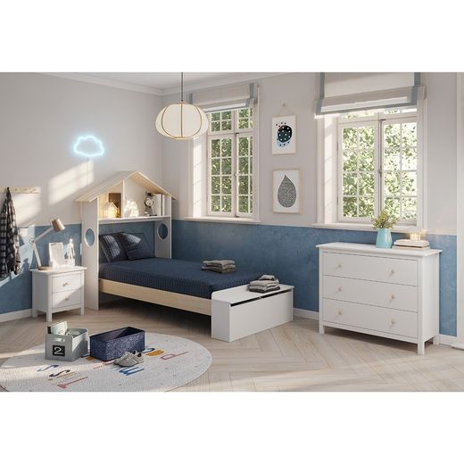 Cama individual, 216,5 x 128,5 x 153 cm, de madera en blanco y natural | Colección Odessa