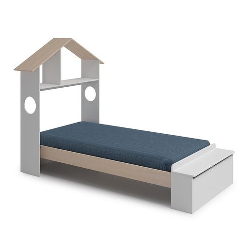 Cama individual, 216,5 x 128,5 x 153 cm, de madera en blanco y natural | Colección Odessa