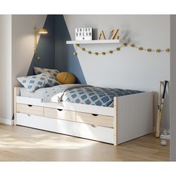 Cama nido, 205 x 98,2 x 63 cm, de madera en blanco y natural | Colección Valka