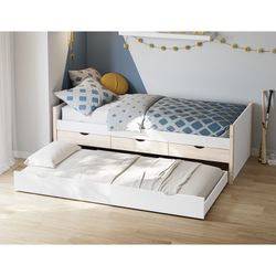 Cama nido, 205 x 98,2 x 63 cm, de madera en blanco y natural | Colección Valka