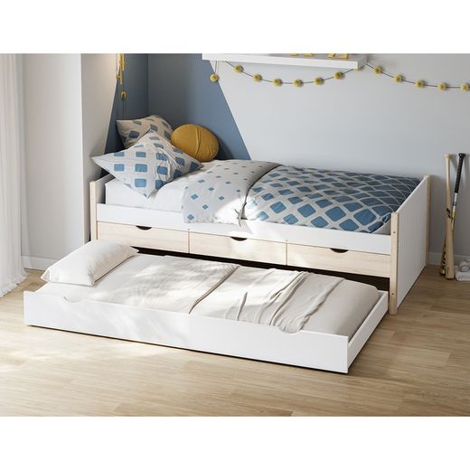 Cama nido, 205 x 98,2 x 63 cm, de madera en blanco y natural | Colección Valka